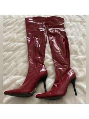 CHROME RED OVER THE KNEE BOOTS, 6 1/2 NEW